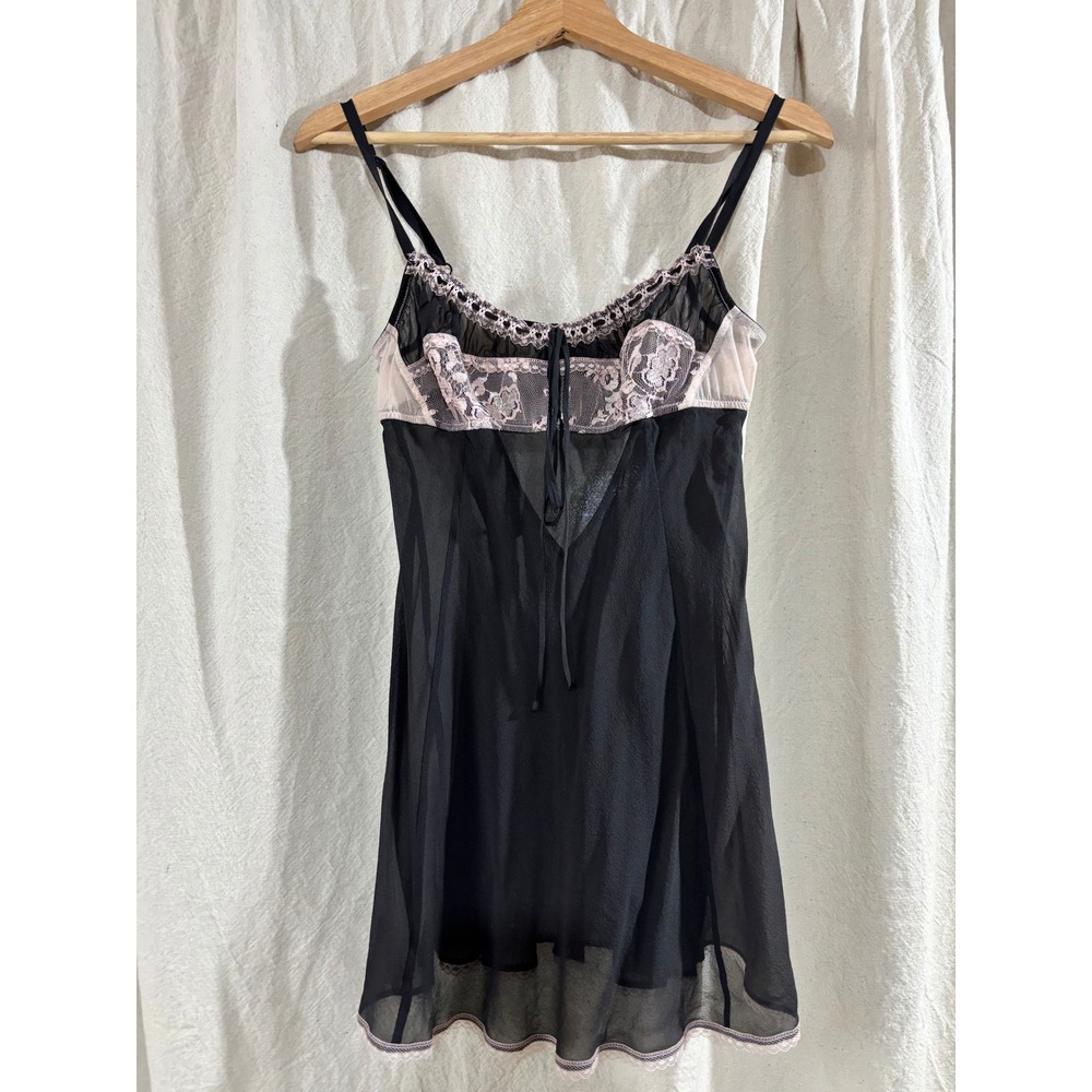 Victoria's Secret Vintage Y2K 100% Silk Lace Babydoll Chemise Black Pink Small